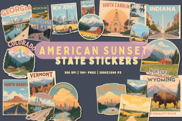 American Sunset State Stickers: Vintage Vacation Vibes for Digital Projects