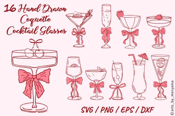 Charming Hand Drawn Coquette Cocktails with Bows for Designers