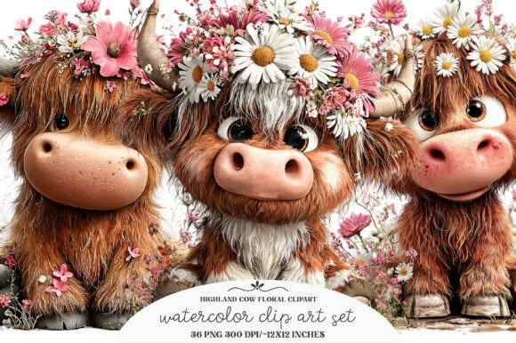 Highland Cow Floral Clipart: A Designer's Whimsical Asset