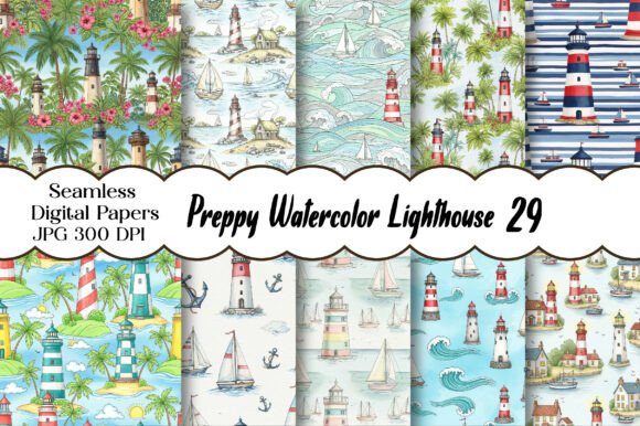 Preppy Watercolor Lighthouse Pattern: Coastal Charm for Modern Design