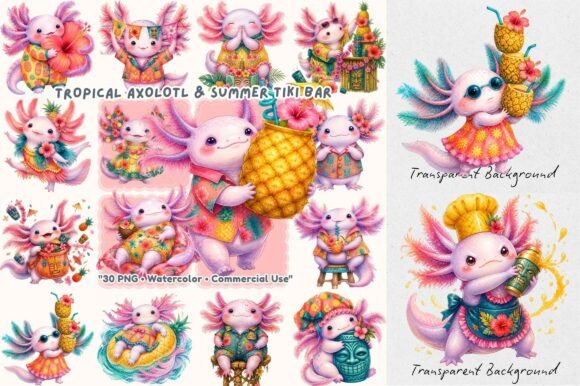 Tropical Tiki Axolotl Watercolor: A Splash of Summer Joy