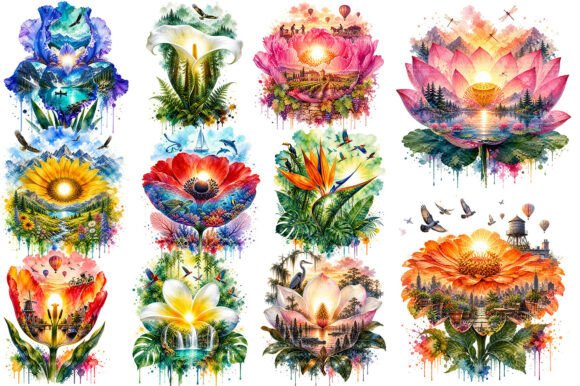 Watercolor Double Exposure Floral Landsc: A Creative Asset for Designers