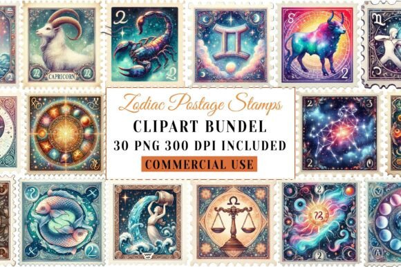 Zodiac Postage Stamps Clipart: 30 Designs for Cosmic Crafts